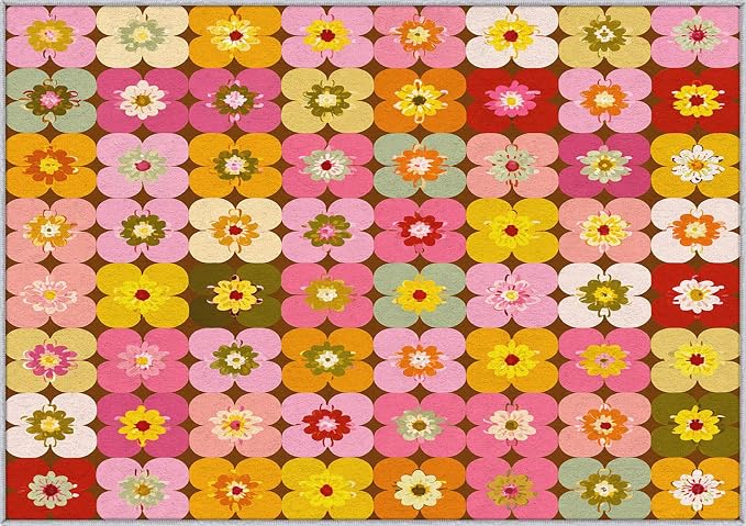 70s Floral Rugs 3x5, Retro Colorful Groovy Washable 3 x 5 Area Rug for Living Room, Bedroom, Low Pile Non Slip Stain Resistant Carpet, 70s Retro Home Decor Accessories & M840