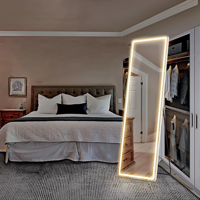 OLIXIS 16"x 60" LED Full Length Mirror with Lights, Standing Lighted Floor Full Body Mirror with 3 Color Lighting, Wall Mounted Mirrors for Bedroom, Home, Entryway with Tempered Glass
