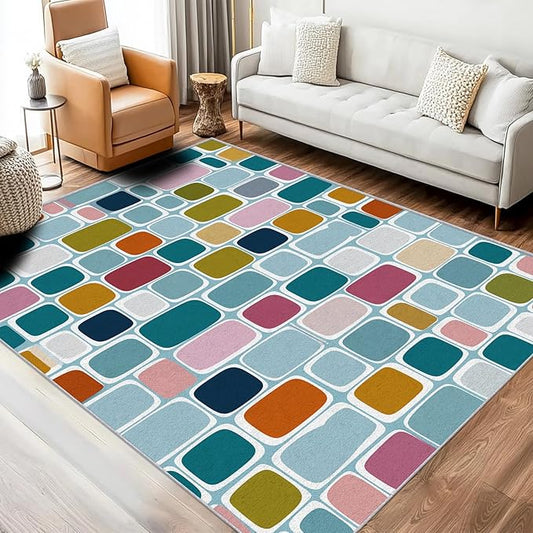 Mid Century Modern Rugs 4x6, Geometric Retro Washable 4 x 6 Area Rug for Living Room, Bedroom, Low Pile Non Slip Stain Resistant Carpet, Mid Century Home Decor Accessories & M908