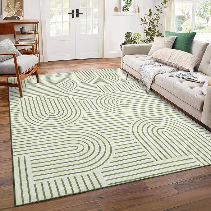 Washable Rug 8x10 Area Rugs for Living Room, Abstract Rug for Bedroom, Soft Rainbow Non Slip Throw Rugs with Rubber Back, Low Pile Stain Resistant Boho Geometric Carpet for Dining Room, Green