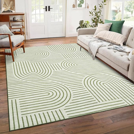 Washable Rug 6x9 Area Rugs for Living Room, Abstract Rug for Bedroom, Soft Rainbow Non Slip Throw Rugs with Rubber Back, Low Pile Stain Resistant Boho Geometric Carpet for Dining Room, Green