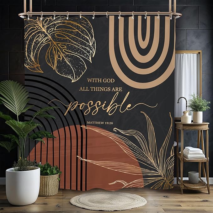 Miyotaa Modern Abstract Shower Curtain Set 60Wx71H Inches Black Burnt Orange Minimalist Aesthetic Contemporary Quotes Inspirational Plant Polyester Waterproof Bathroom Curtain with 12 Hooks