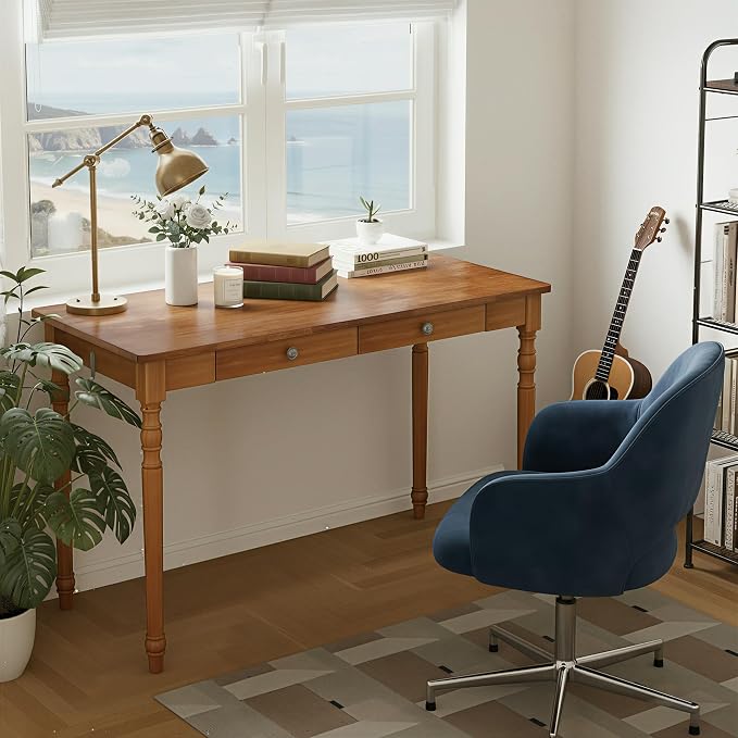 Vintage Solid Wood Writing Desk - 48" W Large Secretary Desk with 2 Drawers, Mid Century Modern Computer Desks with 2 Hooks, Writing Vanity Dressing Table for Home Office, Bedroom, Walnut