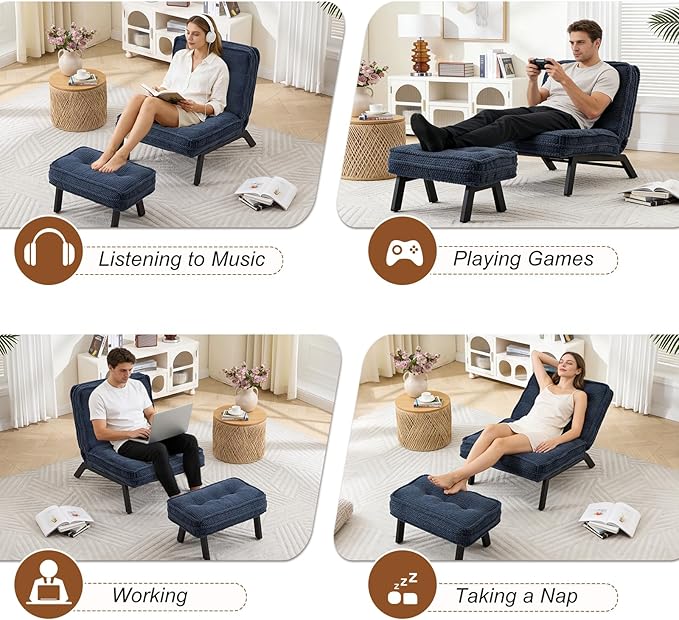 ANJ Accent Chair with Ottoman Adjustable Backrest, Blue Living Room Chair Tufted Upholstered Lounge Chair with Footrest Set, Modern Chair Cozy Reclining Chair for Reading Room Bedroom