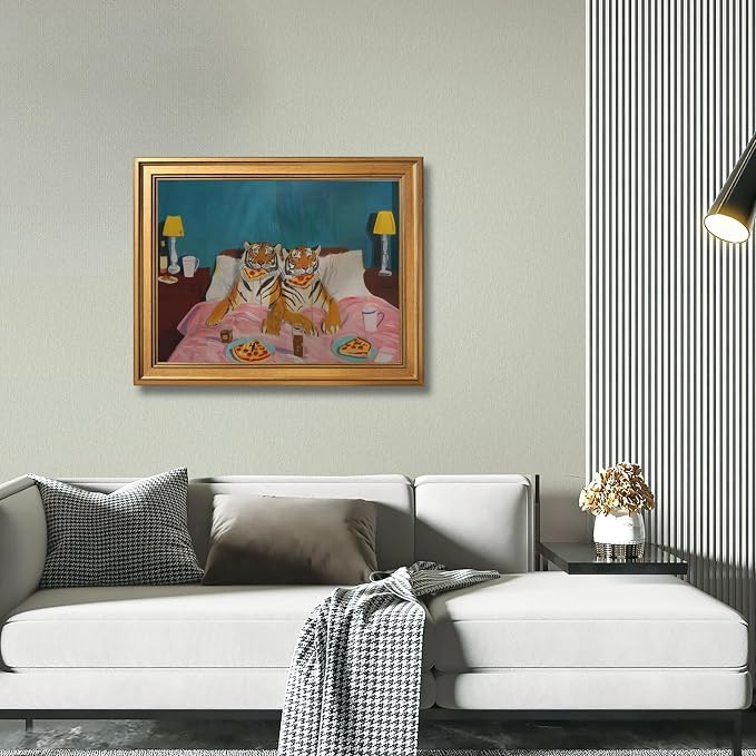 Funny Tiger Eating Pizza in Bed Wall Art Print Trendy Whimsical Dopamine Tigers Couple Poster Maximalist Eclectic Wild Animal Painting Retro Pop Love Jungle Decor for Room 24x36inch Golden frame