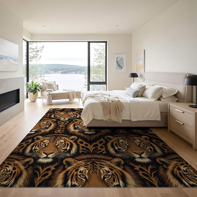 9'x12' Washable Flatwoven Rug, Brown Modern Tiger Print Stain Resistant Massive Carpet Non-Slip Chair-Friendly Mat for Dining Room, Basement, Large Office | Ref:2229845