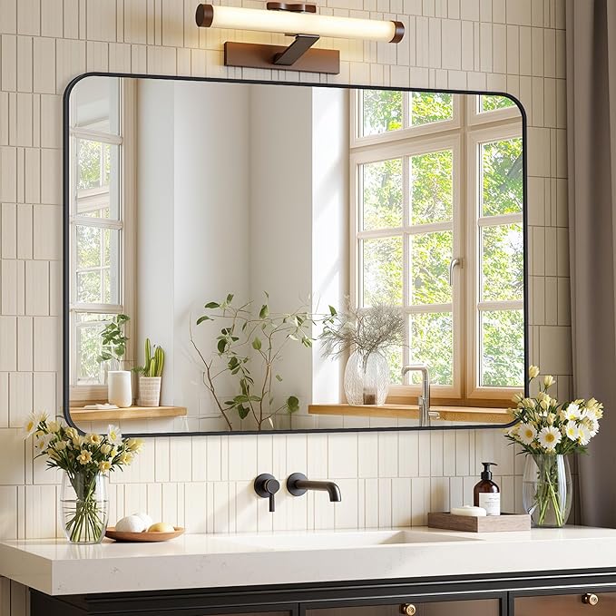 Bathroom Mirrors for Over Sink 40" x 30", Black Metal Frame Rounded Corner Rectangle Wall Mirror, Modern Farmhouse Vanity Mirror(Horizontal/Vertical)