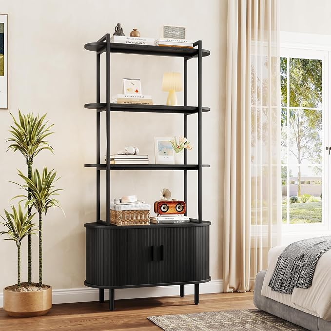 4 Tier Tall Bookshelf with Cabinet, Fluted Bookcase with Sliding Door, Metal and Wood Display Shelf, Free Standing Storage Shelving Unit, Corner Storage Organizer for Living Room, Home Office, Black
