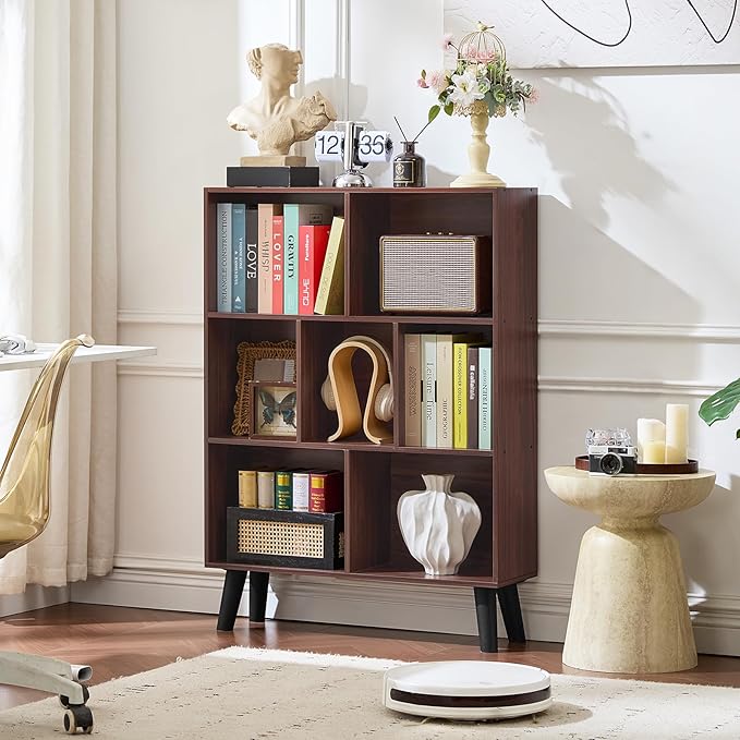 LEYAOYAO 7 Cube Bookshelf 3-Tier Bookcase with Legs, Mint-Walnut Kids Book Shelf Cute Storage Organizer, Toy Shelves Bookshelves,Wood Display Bookcases