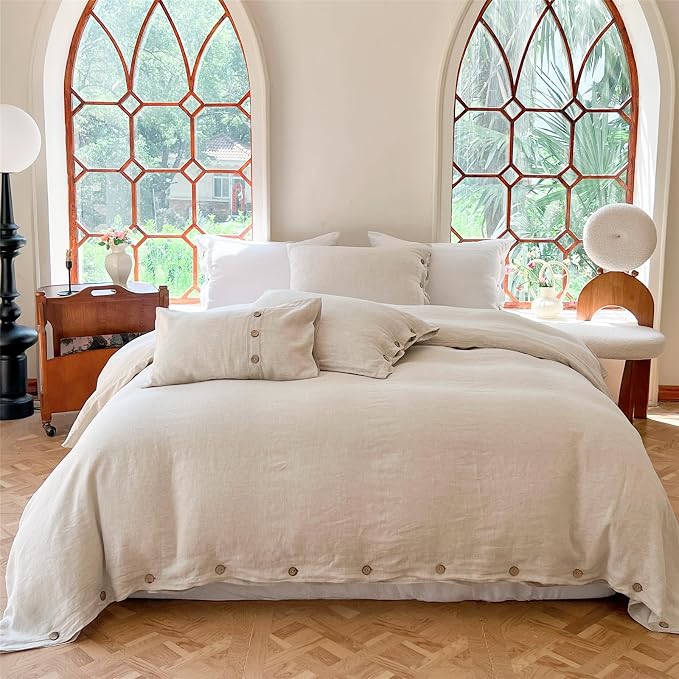 Simple&Opulence 100% Linen Duvet Cover Set 3pcs with Coconut Button Closure Natural French Washed Flax Solid Color Soft Breathable Farmhouse Bedding - Linen, California King