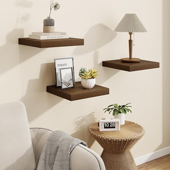 Square Floating Shelves for Wall, 11.5"W x 11.5"D x 1.25"H, 3 Pack Small Wall Mounted Engineered Wood Shelves with Invisible Brackets for Living Room, Bedroom, Bathroom, Kitchen Decor, Walnut