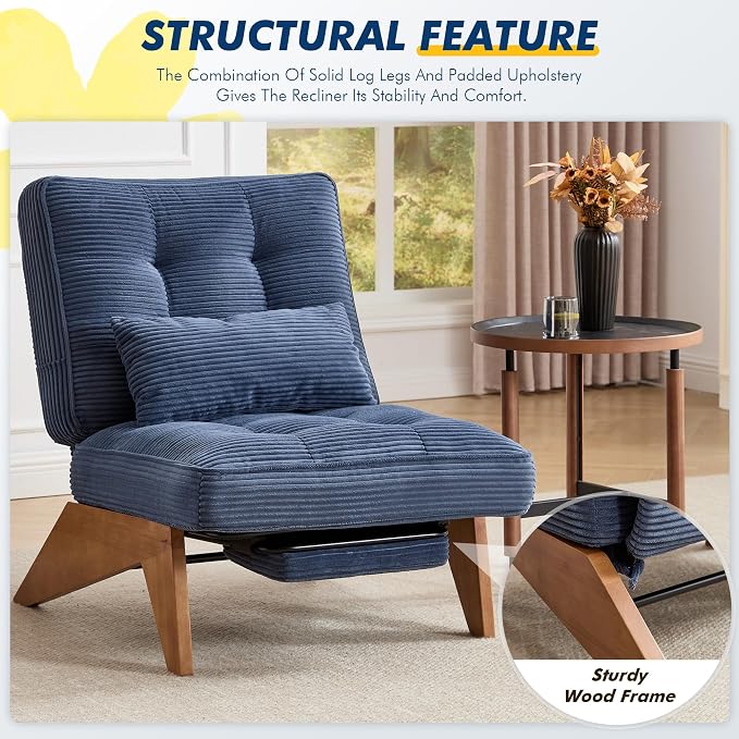 Accent Chair with Ottoman Adjustable Backrest, Stripe Living Room Chair Indoor Lounge Chair with Build-in Footrest Set, Modern Chair Cozy Reclining Chair for Reading Room, Navy