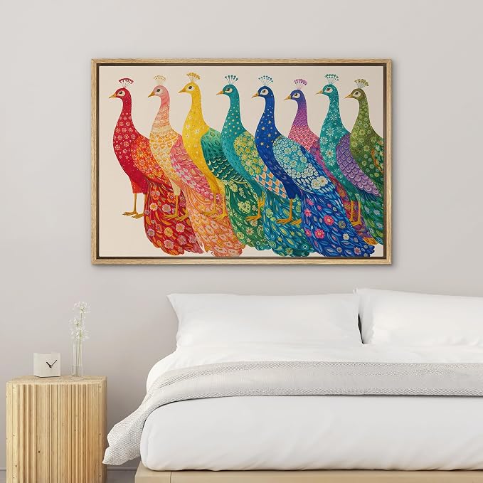 SIGNWIN Framed Canvas Print Wall Art Colorful Peacock Bird Row Folk Art Floral Pattern Rustic Landscape Relax/Calm for Living Room, Bedroom, Office - 16"x24" NATURAL