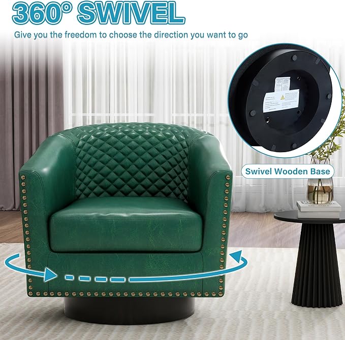 UIXE Swivel Accent Chairs, PU Leather Barrel Club Chair for Living Room, Upholstered Armchair Comfy Single Sofa Bedroom Reading Seat - Green, Set of 2