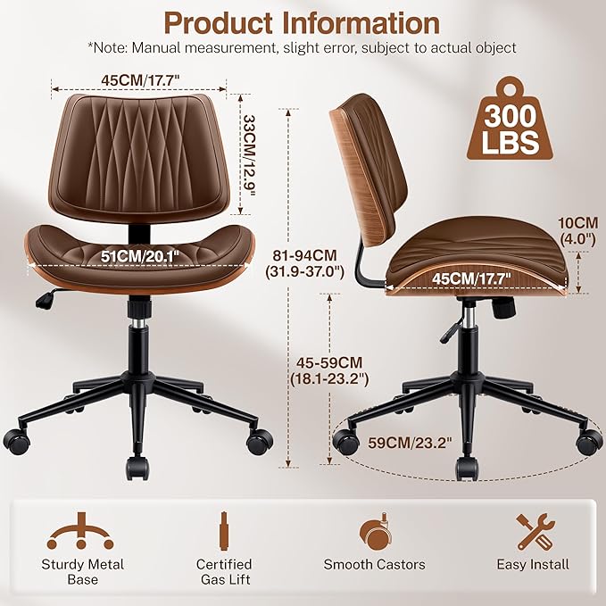 Ergonomic Armless Office Desk Chair - Mid-Century Modern Khaki Faux Leather with Diamond Stitch, Adjustable Height Swivel Rolling Task Computer Chair with Walnut Accent for Home Office, Study & Work