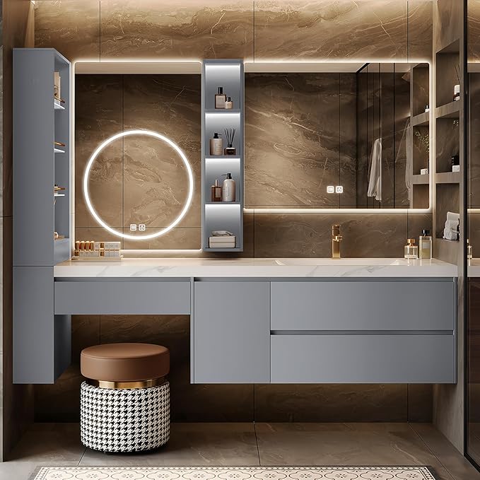 Floating Bathroom Vanity with Makeup Table, Single Sink Bathroom Vanity Includes LED Smart Defog Mirror with Open Shelf and Side Storage Cabinet, Wall-Mount Vanities with Drawers (Gray Blue,96")