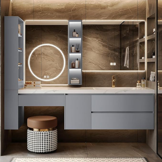 Floating Bathroom Vanity with Makeup Table, Single Sink Bathroom Vanity Includes LED Smart Defog Mirror with Open Shelf and Side Storage Cabinet, Wall-Mount Vanities with Drawers (Gray Blue,64")