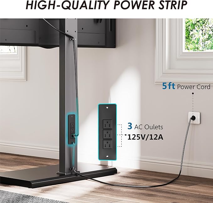 FITUEYES Iron Base Floor TV Stand with Power Strip, Tall TV Stand with Swivel Mount for 50-85 Inch Plasma Flat Panel or Curved Screen TVs Height Adjustable Wire Management(White,with Power Outlet)