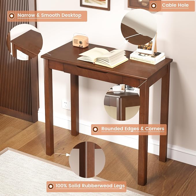 Solid Wooden Desk with Drawers - 32 x 16 Inch Vintage Narrow Desks, Mid Century Modern Desks, Rubber Wood Study Table, Small Writing Desk for Bedroom|Small Spaces - Walnut Color