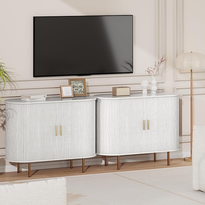 DHH Sideboard Buffet Cabinet with Storage,Mid Century Modern Fluted Accent Coffee Bar Console Table,Tambour Sliding Doors& Adjustable Shelf for Kitchen, Living Room, Entryway (White, 40 Inch)