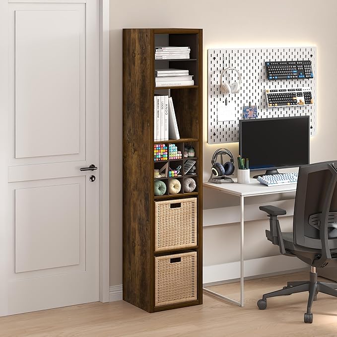 Furinno Cubicle Book Shelf, Vertical 5-Cube Bookshelf, Extra Thick Horizontally & Vertically Reversible Bookcase with Open Back, 14.6" x 16" x 72", for Living Room, Bedroom, Home Office, Amber Pine