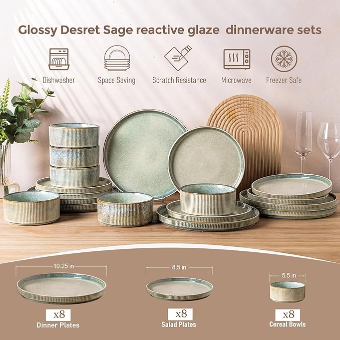 GBHOME 24-Piece Stoneware Dinnerware Set for 8 – Ribbed Ceramic Plates and Bowls, Scratch-Resistant, Microwave & Dishwasher Safe, Reactive Glaze, Desert Sage