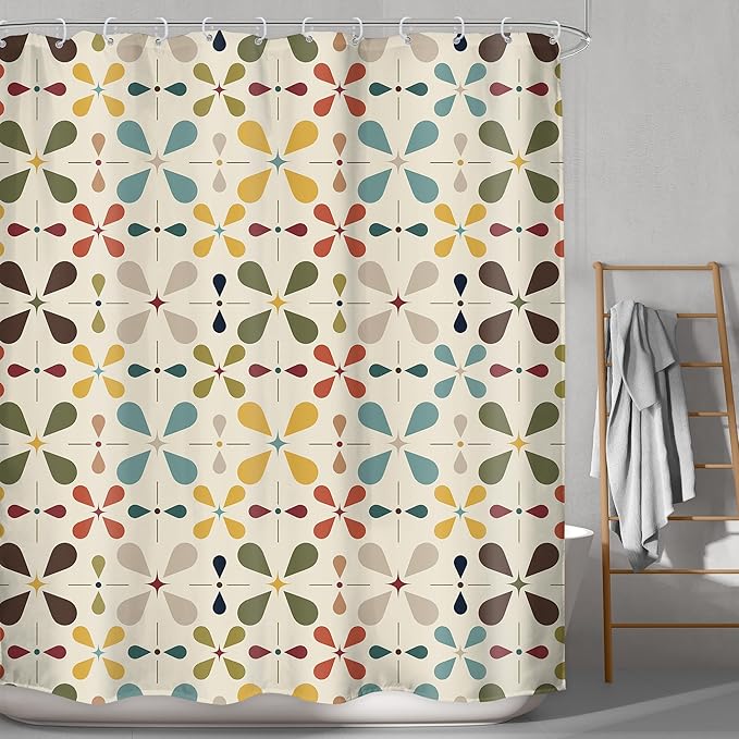 LGhtyro Boho Mid Century Shower Curtain Bathroom Set 60Wx71H Inches Modern Abstract Bohemian Geometric Colourful Retro Vintage Bath Accessories Water Drop Art Home Decor Fabric 12 Pack Hooks