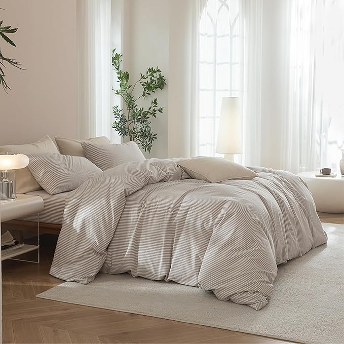 JIYUAN 100% Washed Cotton Striped Duvet Cover Set 3 Pieces King, 1 Duvet Cover and 2 Pillowcases(Comforter Not Included),Linen Like Bedding Set Comfy and Breathable,Pinstripes-Heathered Taupe White