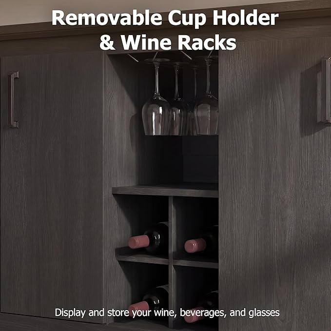 Buffet Sideboard with Power Outlet, 55" Wine Bar Cabinet with Wine Rack & Glass Holder, Farmhouse Wood Coffee Bar with Storage and Adjustable Shelves for Kitchen, Black