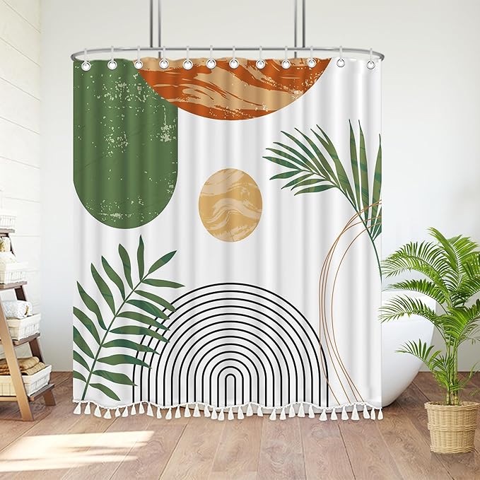 Boho Mid Century Leaf Shower Curtain Set,Arch Sun Design,Minimalistic Leaves Pattern,Waterproof and Luxurious Fabric-12 Hooks(Green-72" x 84")