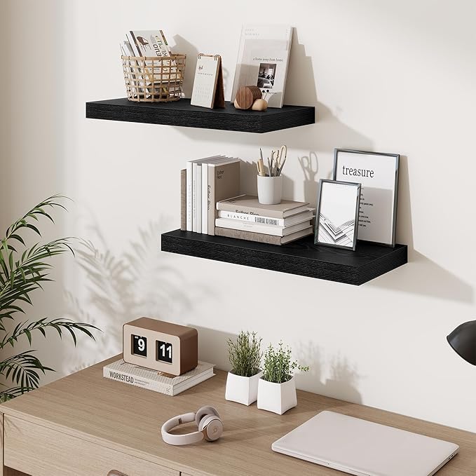 Fun Memories 24 Inch Floating Shelves Wall Mounted, 10 Inch Deep Wall Shelves, 24 x 10 Floating Shelf for Living Room Bathroom Bedroom, Black, Set of 2