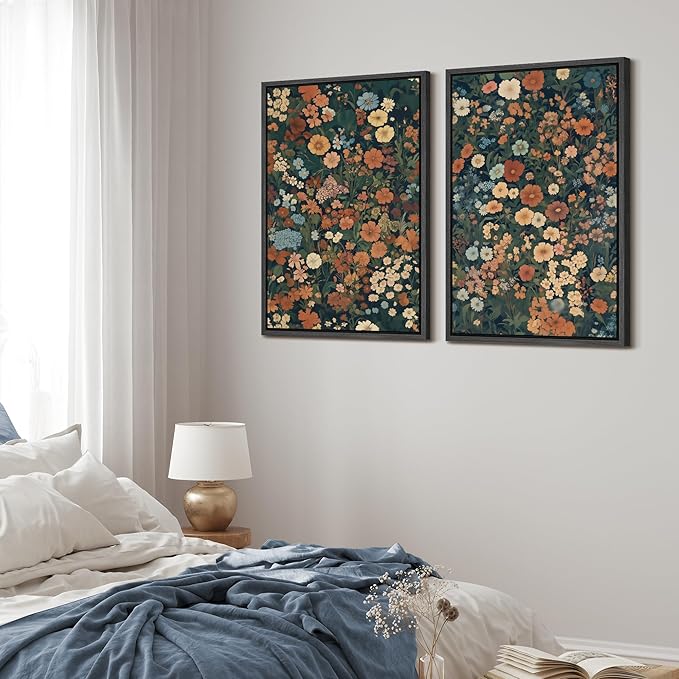 MUDECOR Framed Canvas Print Wall Art Vintage Floral Botanical Colorful Wildflowers Illustrations Modern Art Decorative Bohemian Colorful for Living Room, Bedroom, Office - 24"x36"x2 Black