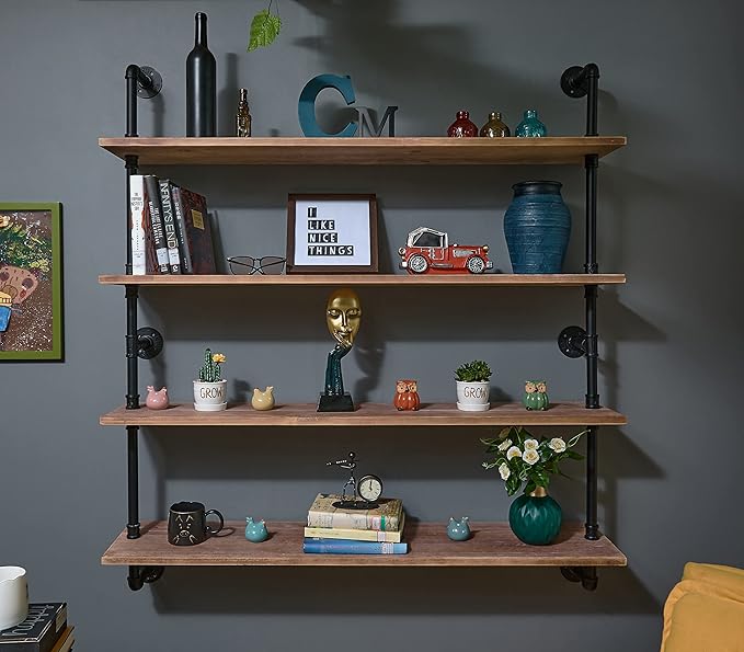 HDDFER Floating Bookshelf Shelves Industrial Pipe Shelving Floating Pipe Shelf with Wood Planks 48 inch Industrial Wall Shelves Rustic Hanging Bookshelf Farmhouse Kitchen Shelving