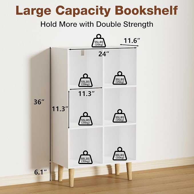 6 Cube Bookcase, Wooden Book Shelf Cube Storage Organizer with Legs, 3 Tier Bookshelf Freestanding Open Shelves for Bedroom, Living Room and Home Office (White, 6 Cube Vertical)