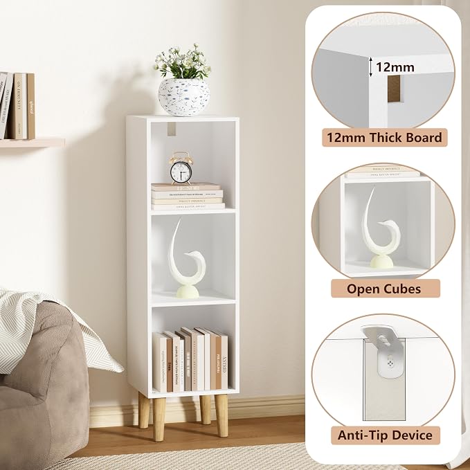 3 Cube Bookcase, Wooden Book Shelf Cube Storage Organizer with Legs, 3 Tier Bookshelf Freestanding Open Shelves for Bedroom, Living Room, Home Office (White, 3 Cube)