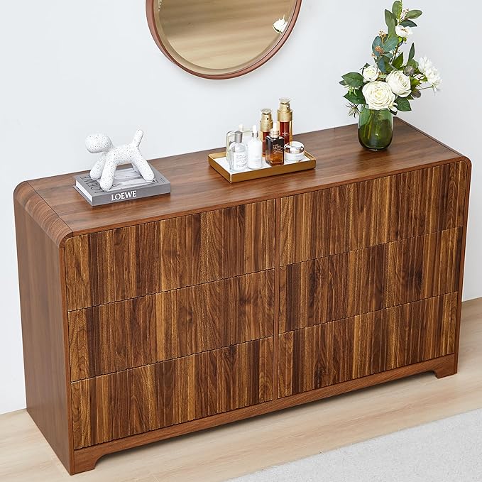 BERRYMERRY Fluted 6 Drawers Dresser for Bedroom, 53" Wide Chest of Drawer with Rounded Edge,Mid Century Modern Large Double Wood Dresser for Living Room Bedroom