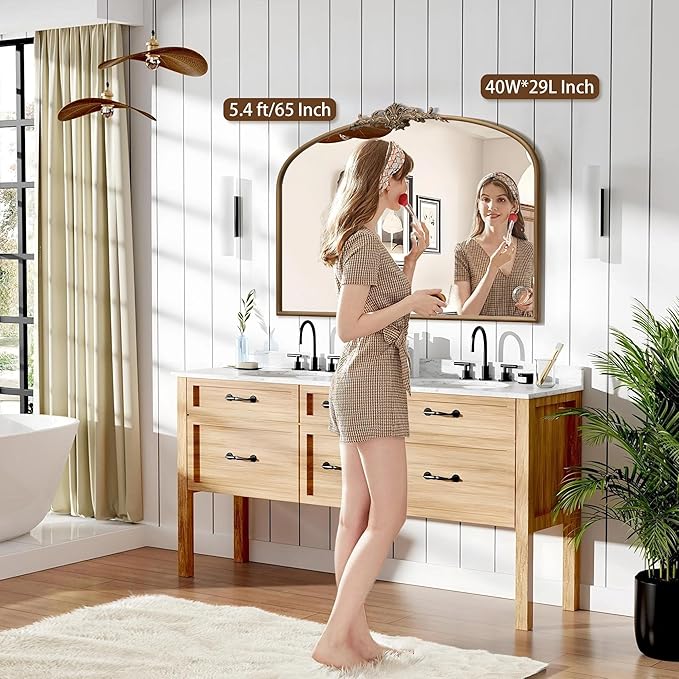 Besdomus Vintage Arched Gold Mirror: 40"x29" Large Matt Gold Antique Wall Mounted Mirror - Baroque Traditional Ornate for Entryway/Fireplace/Bathroom/Hallway - Home Decor for Fashion-Conscious