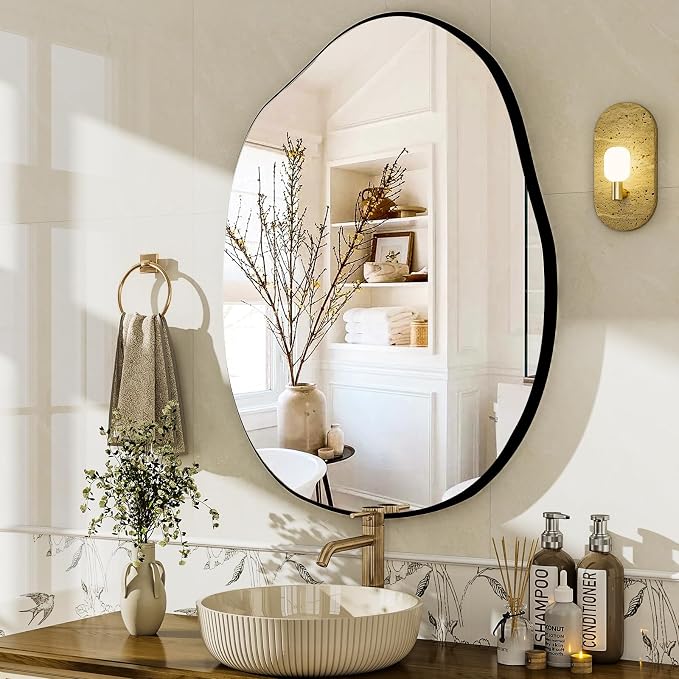 HARRITPURE Irregular Wall Mirror 22"x32" Black Asymmetrical Bathroom Mirror Wood Framed Modern Decorative Vanity Mirrors for Bedroom Living Room Entryway