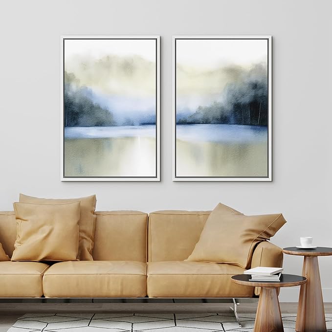 IDEA4WALL Framed Canvas Print Wall Art Set Serene Blue Lake Watercolor Landscape Illustrations Modern Art Decorative Coastal Cottage Seascape for Bedroom - 16"x24"x2 White