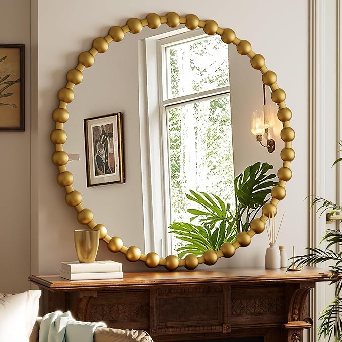 Easly Round Mirror for Wall, 36 Inch Gold Beaded Frame Decorative Vanity Mirror, Circle Bathroom Mirror with High-Definition Lense, Modern Wall Decor for Bathroom, Living Room, Bedroom, Entryway