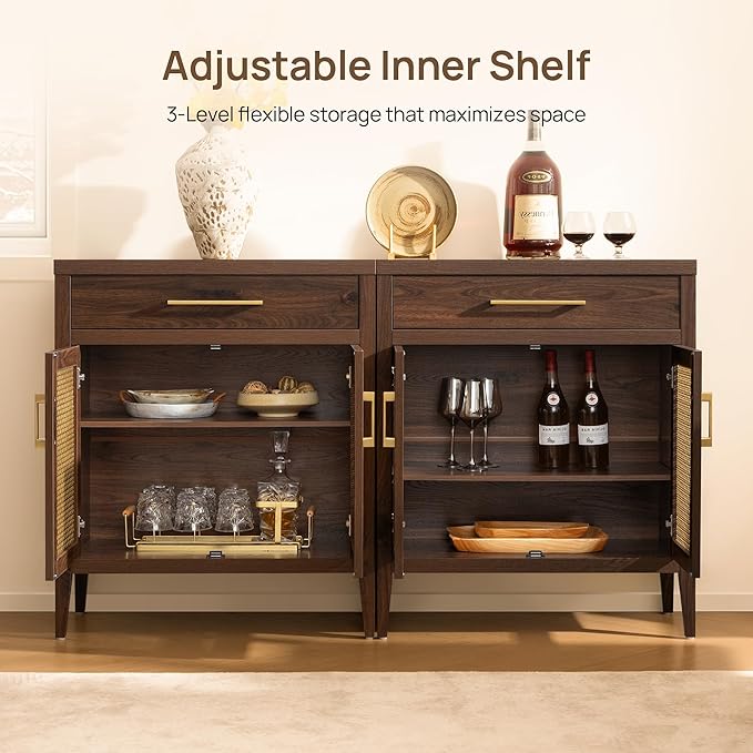SICOTAS 60" Farmhouse Buffet Cabinet with Metal Mesh Doors, Modern Sideboard Credenza with Drawers, Elegant Coffee Bar Console Table for Living Room Entryway, Espresso Walnut
