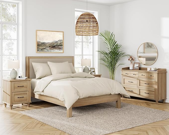 WAMPAT Farmhouse Dresser for Bedroom with 6 Drawers, Kids Dressers with Wide Chest of Drawers, Light Wood Dresser TV Stand for Living Room, Baby Closet Storage Organizer for Nursery, Hallway, Oak