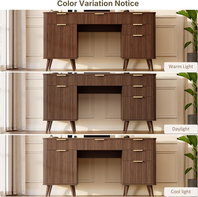 Whalefall 59" Fluted Executive Desk with Charging Station, Modern Wood Home Office Desk with 5 Drawers & File Cabinet, Computer Writing Desk for Study, Walnut (Executive Desk)