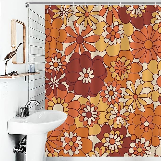 Groovy Floral Shower Curtain for Bathroom,Rustic Vintage Hippie Orange 70s Daisy Floral Flower Funky Trippy Cute Boho Waterproof Fabric Shower Curtain Set with Hooks, 72"x84"