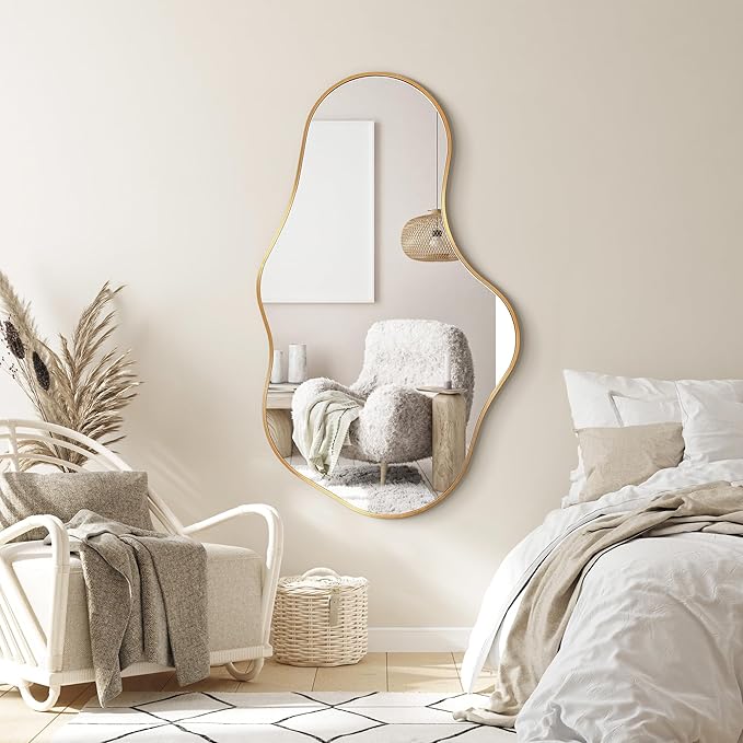 Irregular Wall Mirror, 22"x36" Gold Abstract Asymmetrical Mirrors for Wall, Decorative Cloud Aesthetic Mirror for Bathroom, Bedroom, Cloakroom, Entryway, Shatter-Proof Aluminum Alloy Frame