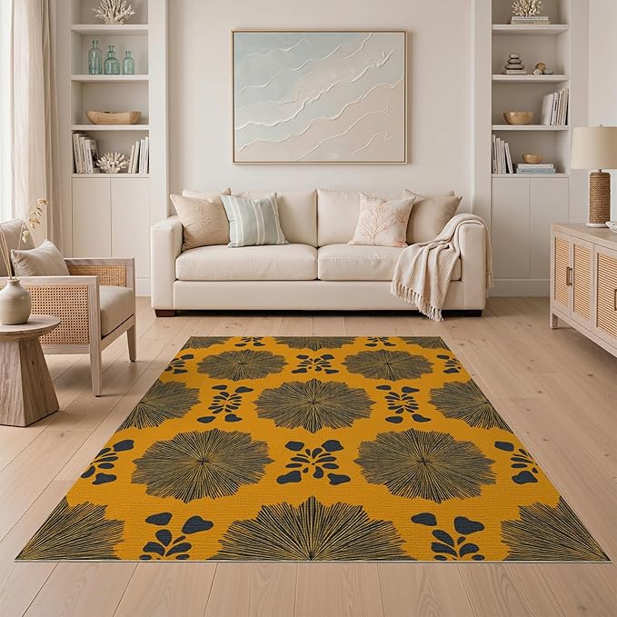 5'x7' Washable Abstract Geometric Area Rug, Mustard Yellow Flatwoven Floor Covering for Dining Room, Under Table, Home Office, Non-Slip Chair-Friendly Carpet | Ref:2229843