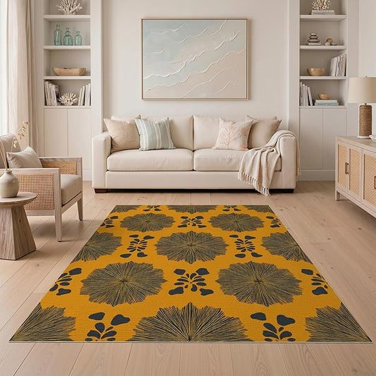 5'x7' Washable Abstract Geometric Area Rug, Mustard Yellow Flatwoven Floor Covering for Dining Room, Under Table, Home Office, Non-Slip Chair-Friendly Carpet | Ref:2229843
