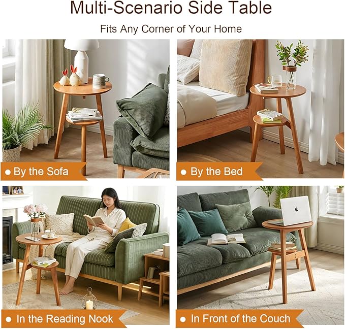 Side Table, Small Round End Table with 2-Tier Shelf, Solid Wood Nightstand for Small Spaces, Mid Century Modern Accent Table for Living Room Bedroom, Natural