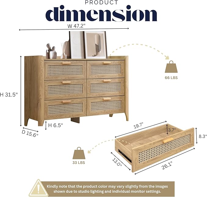 ELISA HOME Rattan-Inspired 6 Drawer Dresser for Bedroom, 47.2″ W Modern Wide Chest of Drawers, Wood Storage Organizer for Clothes, Entryway, Hallway, Nursery or Living Room, Oak