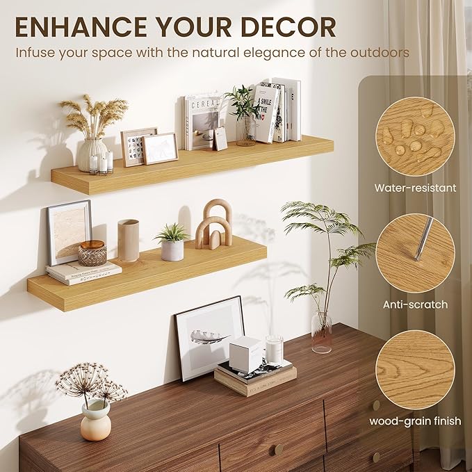 Fun Memories Floating Shelves for Wall 36 Inches, Wood Shelves with Invisible Bracket, 10" Deep Shelves Wall Mounted, Large Wood Floating Shelves for Living Room Bathroom, Oak, Set of 2